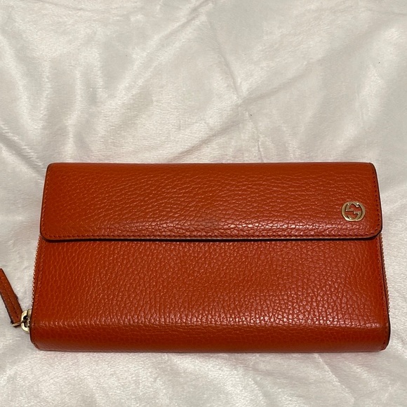 Gucci Orange Leather Zipper Wallet Gold Interlocking GG - Picture 3 of 16